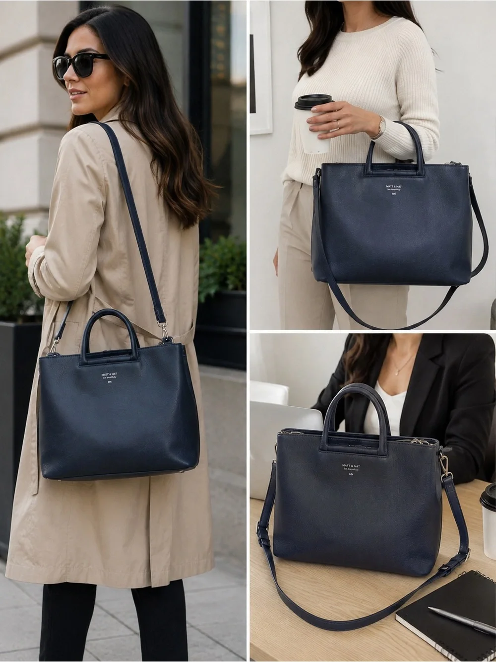 Matt & Nat Vegan Leather Navy Work Tote Shoulder Bag Adjustable Strap